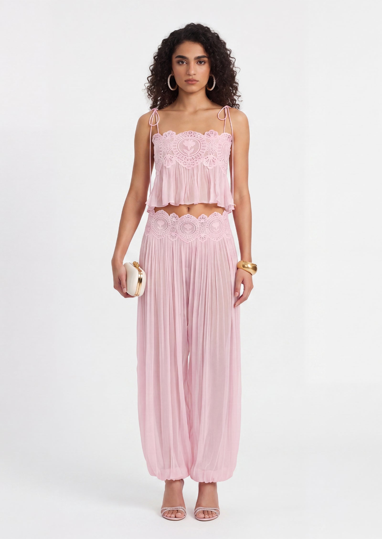 Luenie Chiffon Top & Pant Two Piece Set In Pink Noor Laurent